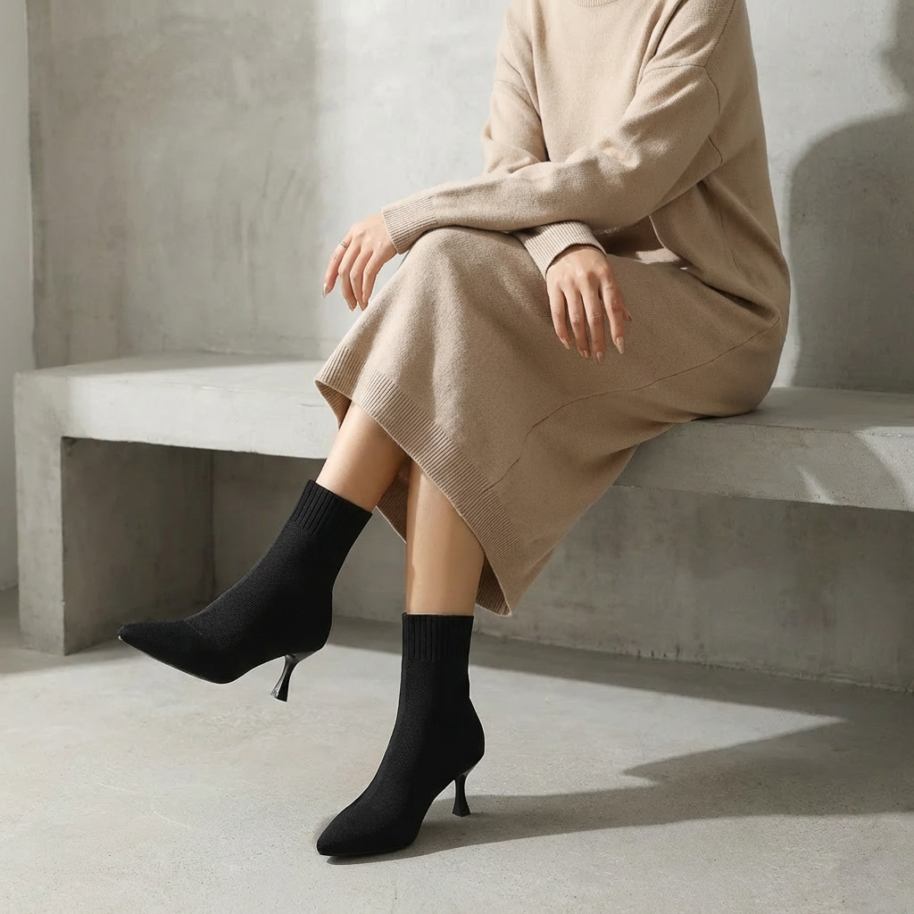 Elena – Bottines Noires à Talon Effet Chaussette