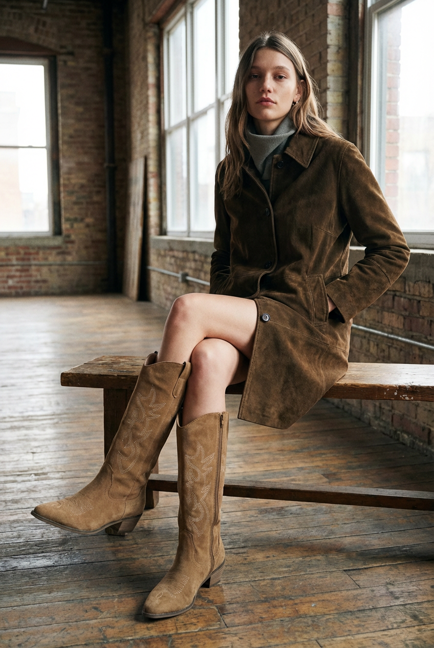 Ava – Santiag en Daim Camel Brodée Style Cowboy