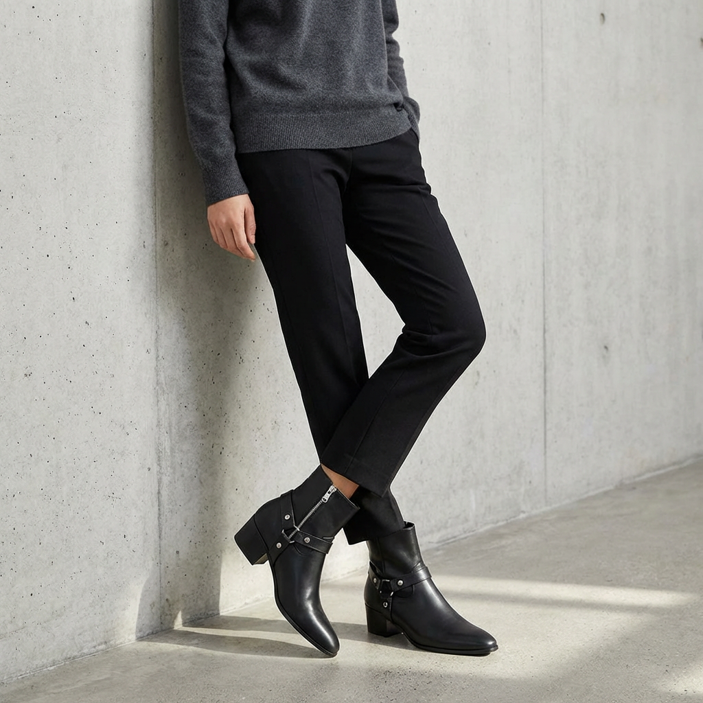 Nina – Bottines Noires à Brides et Talon Bas