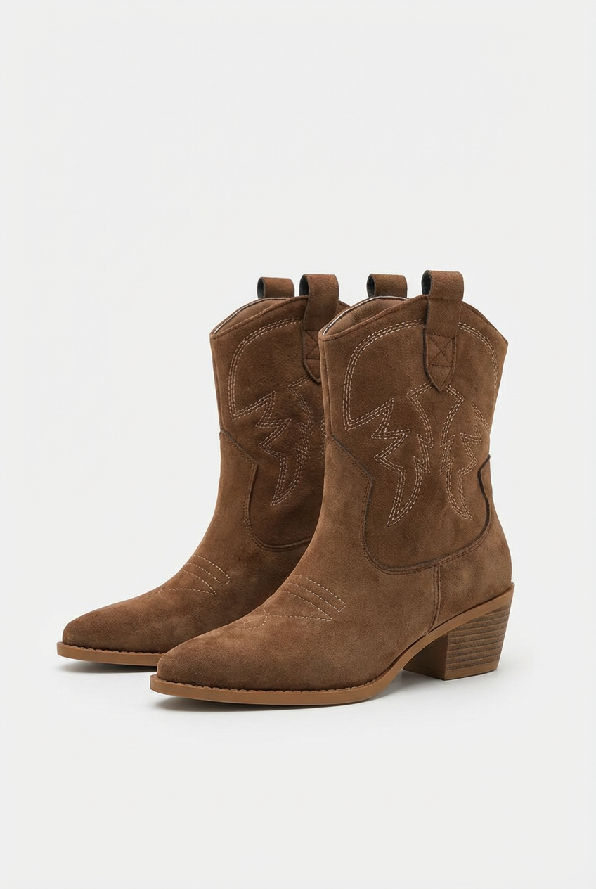 June – Santiag en Daim Camel à Talon Bois