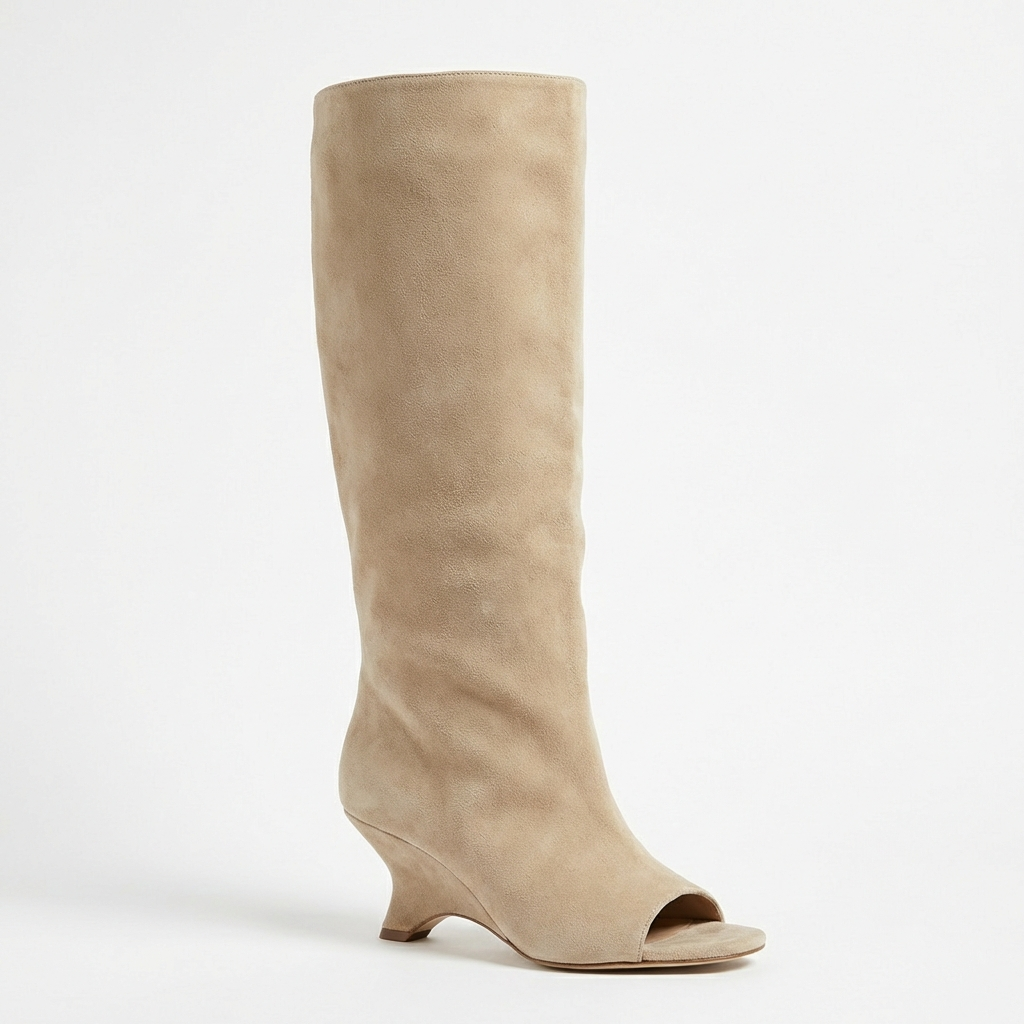 Paola – Bottes Beiges en Daim Open Toe à Talon