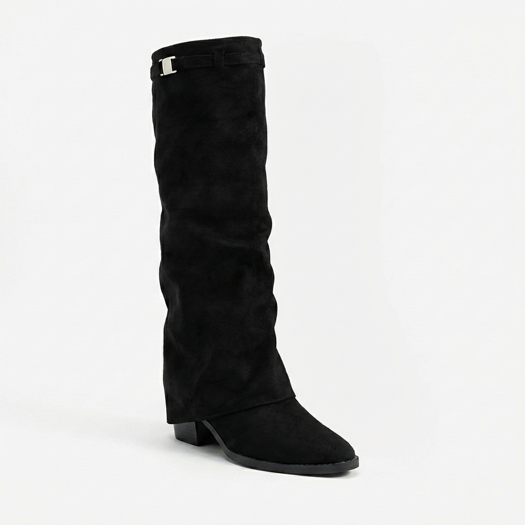 Juliette – Bottes Noires en Daim Mi-Mollet à Talon Bas