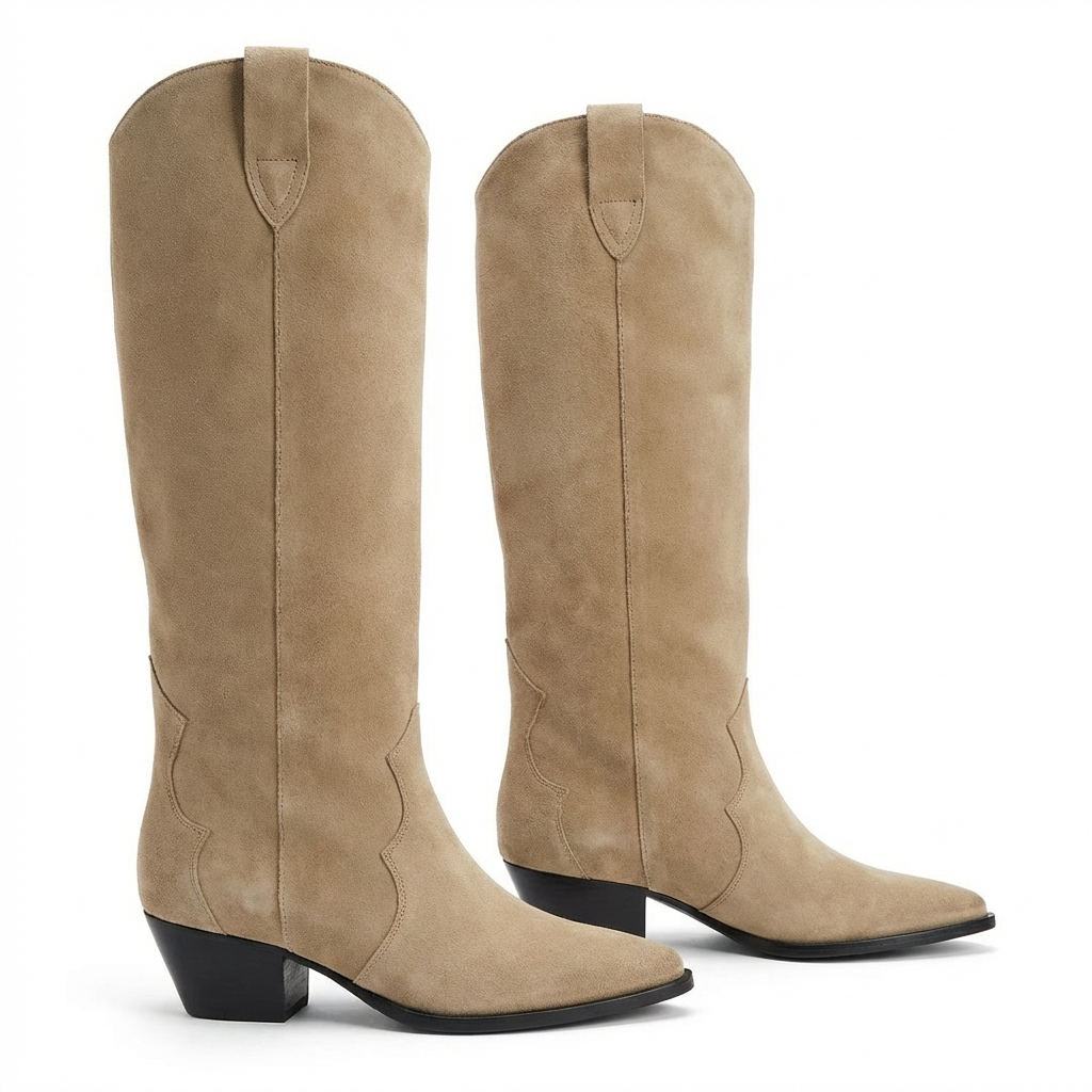 Élise – Bottes Beiges en Daim à Bout Pointu