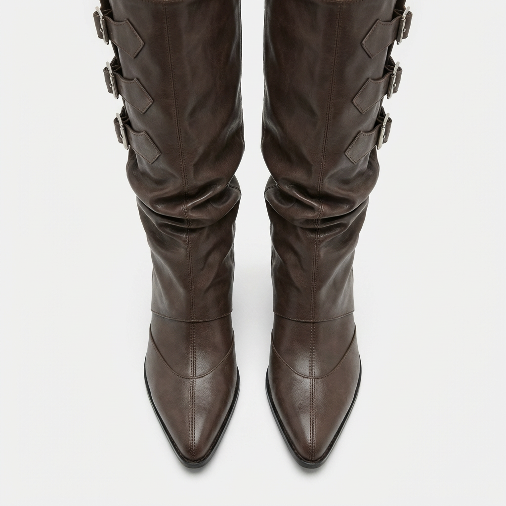 Camille – Bottes Marron à Talon avec Boucles