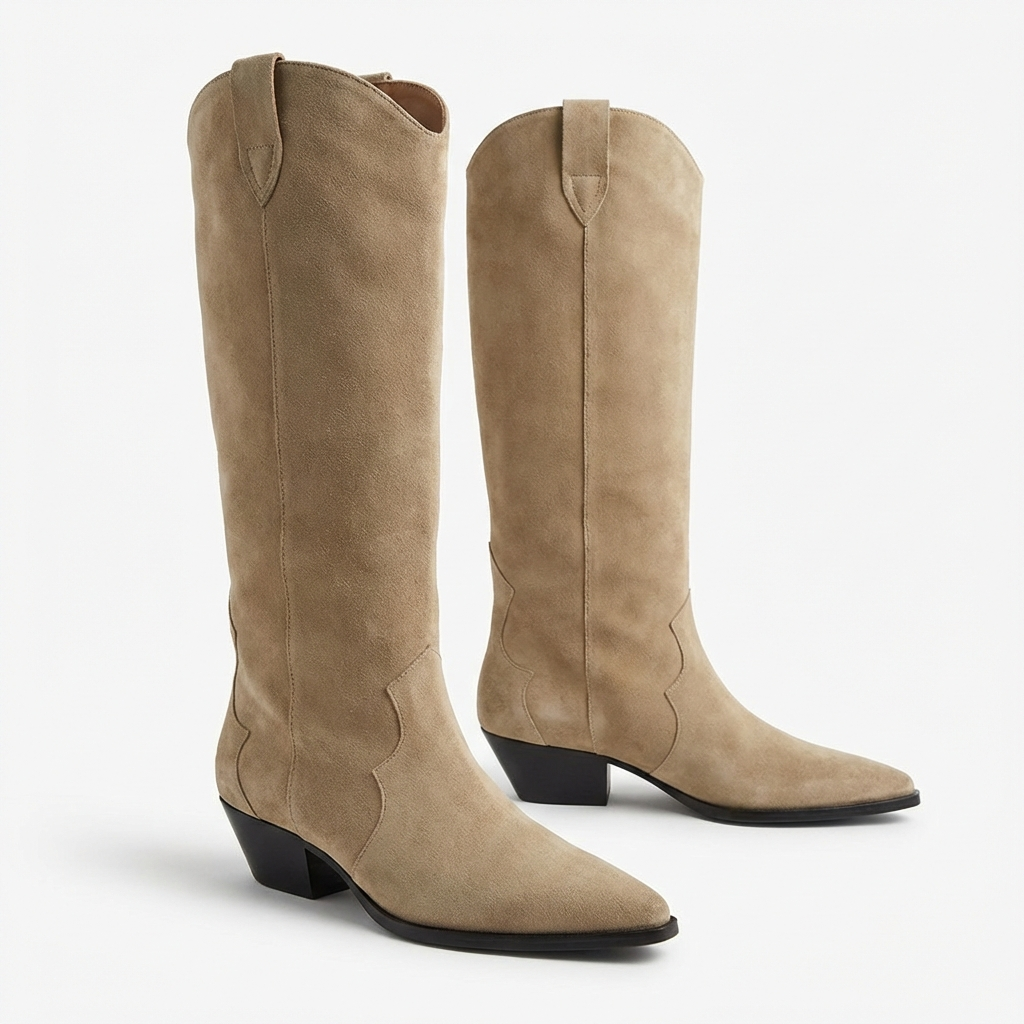 Élise – Bottes Beiges en Daim à Bout Pointu