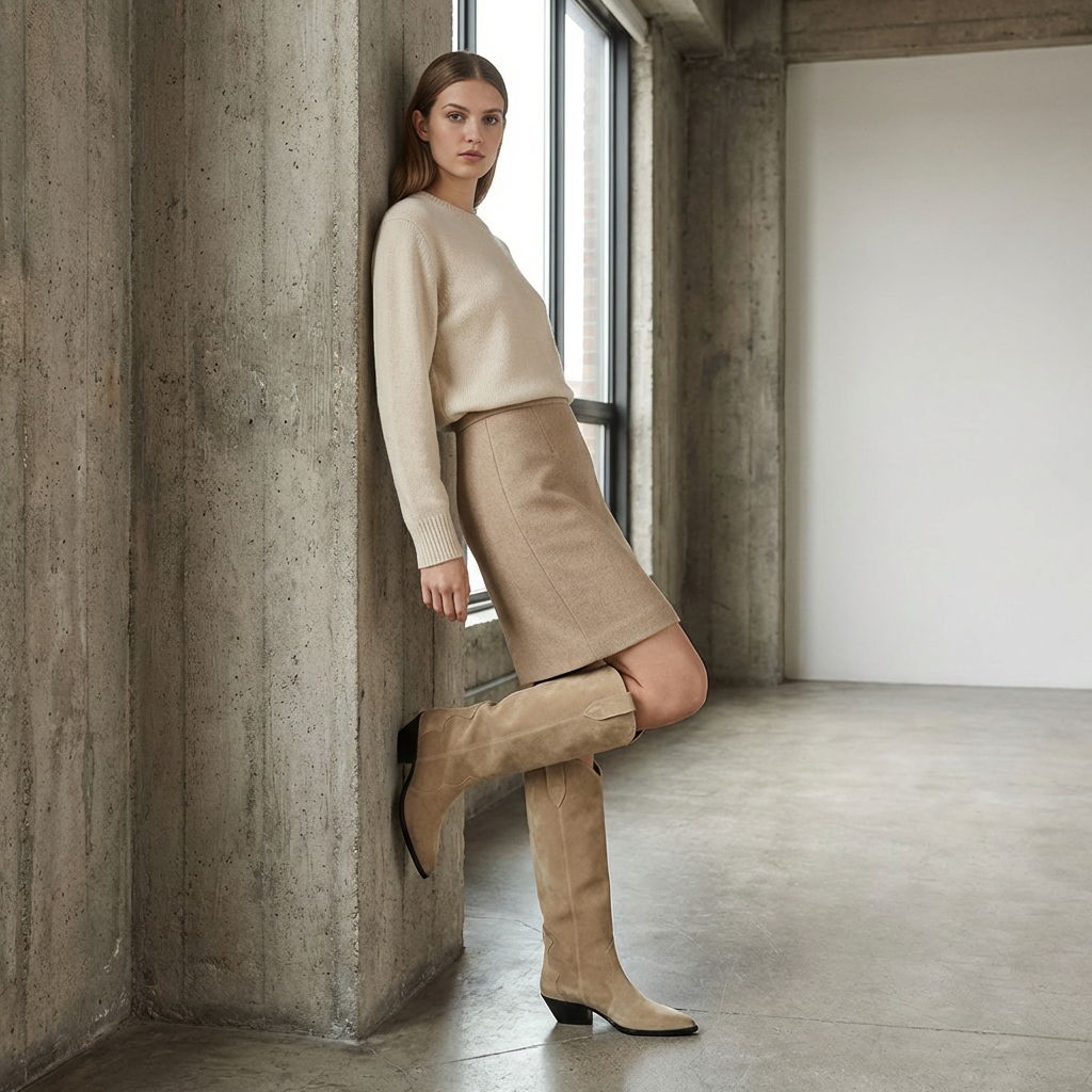 Élise – Bottes Beiges en Daim à Bout Pointu