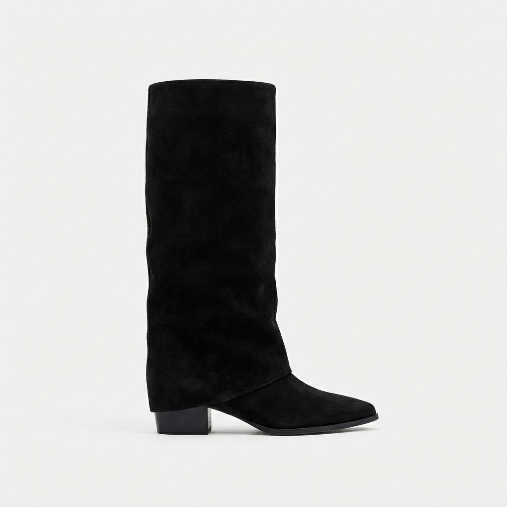 Juliette – Bottes Noires en Daim Mi-Mollet à Talon Bas