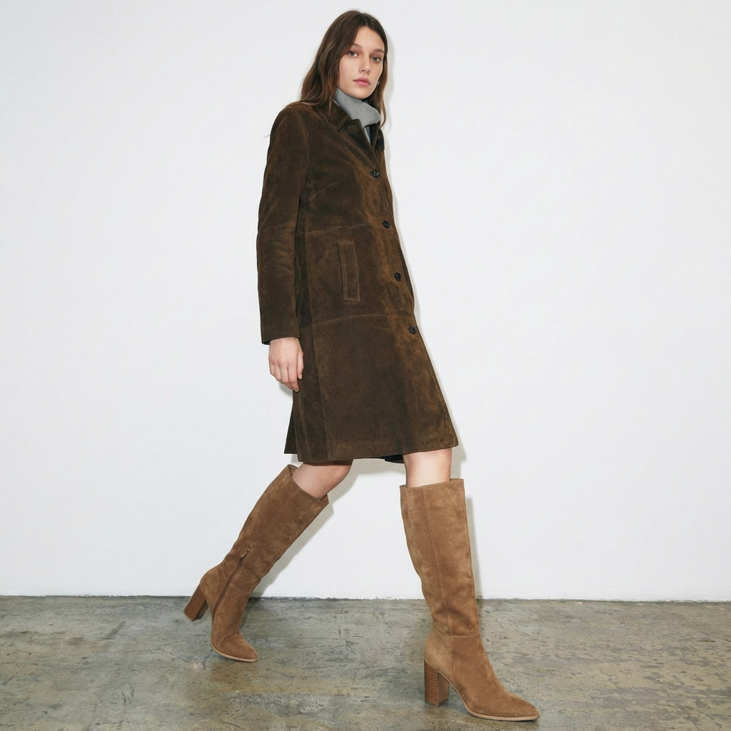 Rose – Santiag en Daim Camel Style Cowboy Mi-Mollet