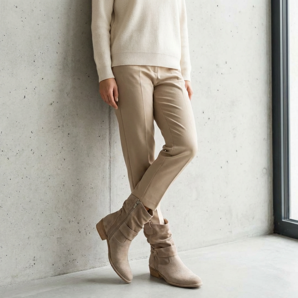 Lou – Bottines en Daim Beige à Talon Bas