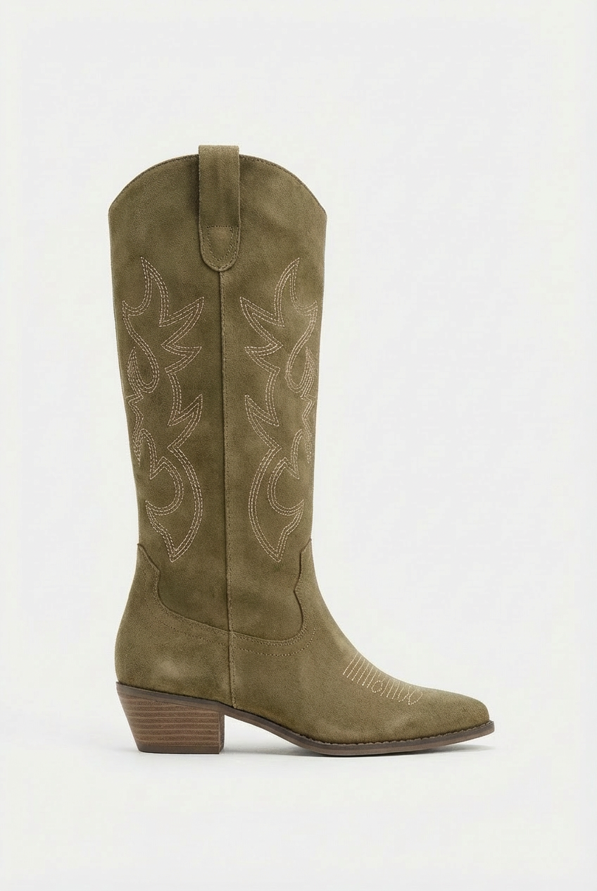 Ava – Santiag en Daim Camel Brodée Style Cowboy