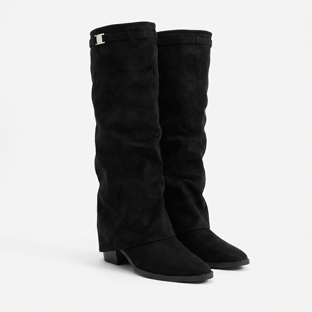 Juliette – Bottes Noires en Daim Mi-Mollet à Talon Bas