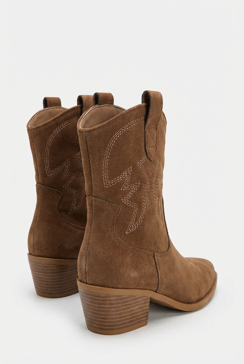 June – Santiag en Daim Camel à Talon Bois