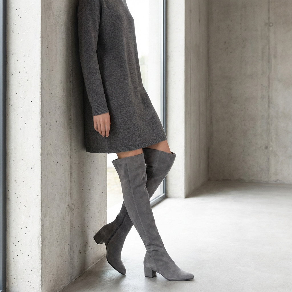 Inès – Bottes Grises en Daim Mi-Mollet à Talon Bas